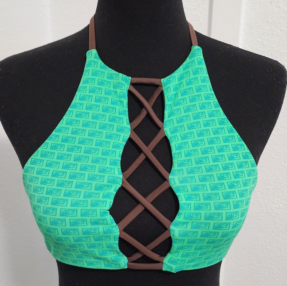 Fishhead Beachwear Strappy Corset Front High Neck Green Bikini Top